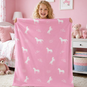 Girls Cute Pink Horse Pattern Personalized Name Fleece Blanket