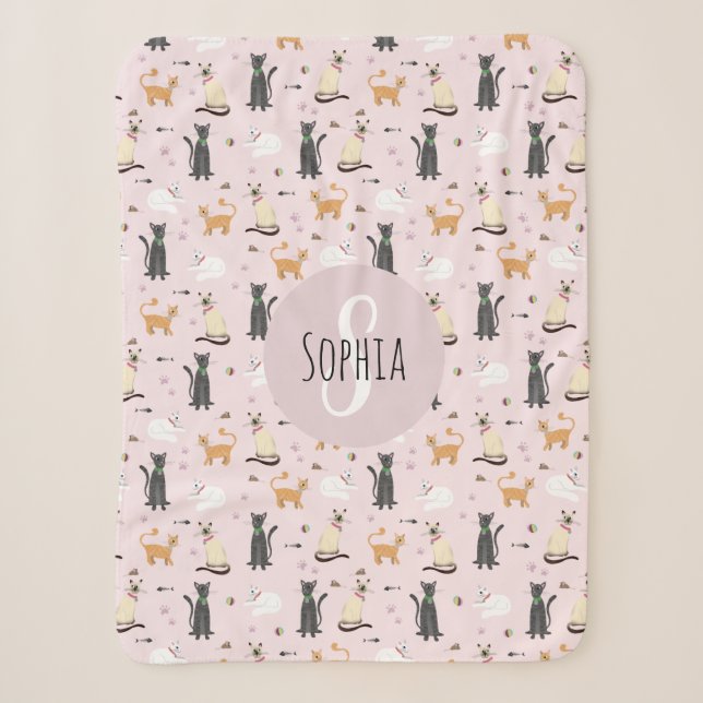 Girls Cute Pink Kitty Cat Pattern & Name Kids Sherpa Blanket (Front)