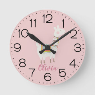 Girls Cute Pink Llama Custom Nursery Kids Round Clock