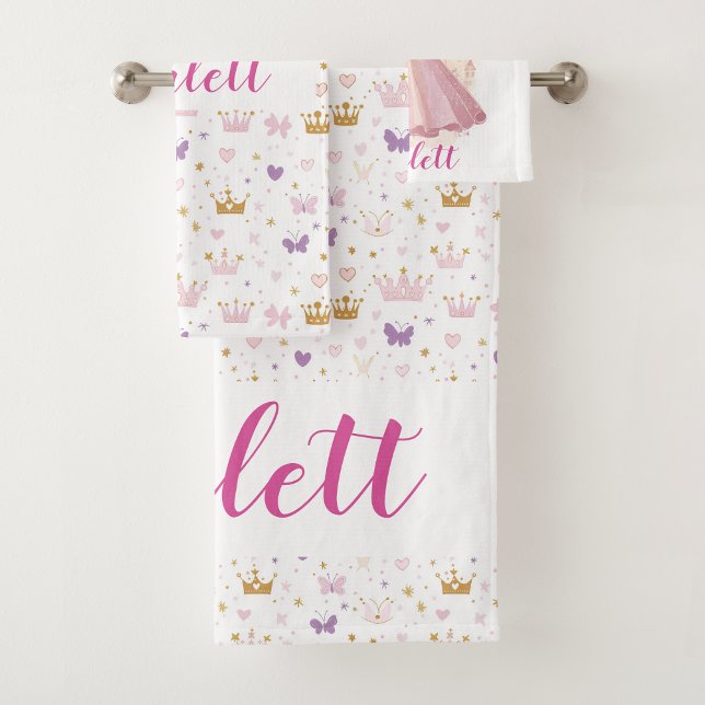 Girls Cute Pink Personalized Princess Crown Bath Towel Set (Creator Uploaded)
