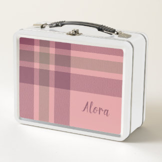 Girls Cute Pink Plaid Kids Metal Lunch Box