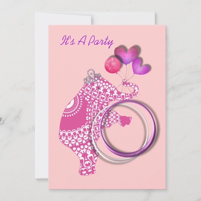 Girls Cute Pink Princess Elephant Party Invitation (Front)