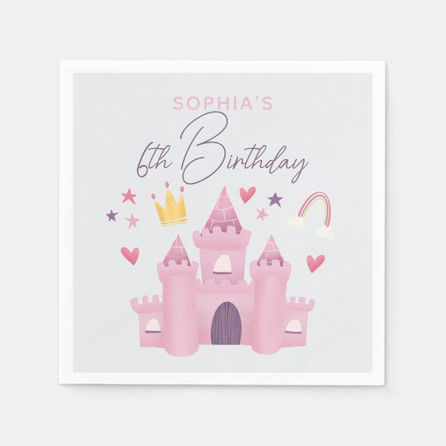 Girls Cute Pink Princess Palace Kids 6th Birthday Napkin (Front)