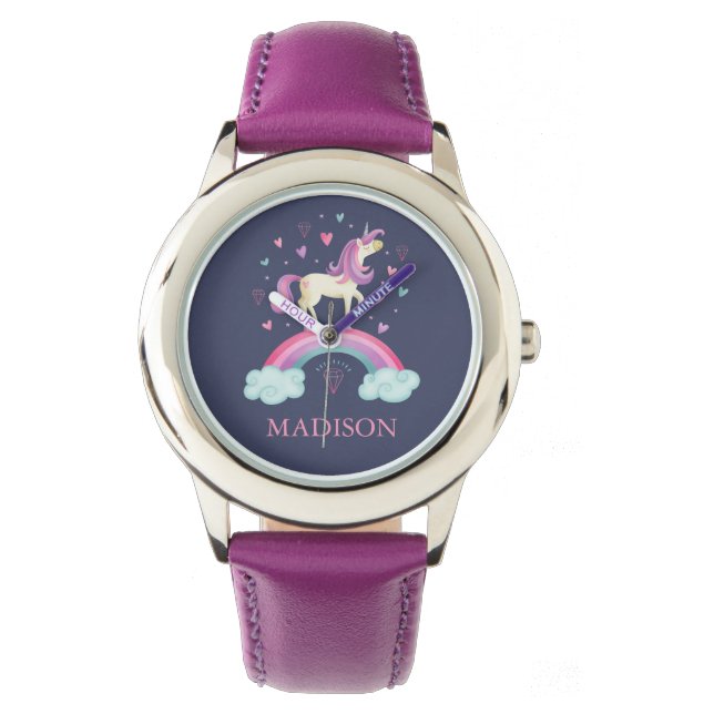 Girls Cute Pink Purple Rainbow Unicorn Watch (Front)