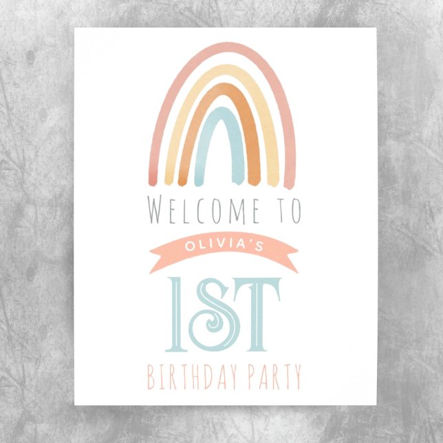Girls Cute Pink Rainbow First Birthday Welcome Poster (Creator Uploaded)