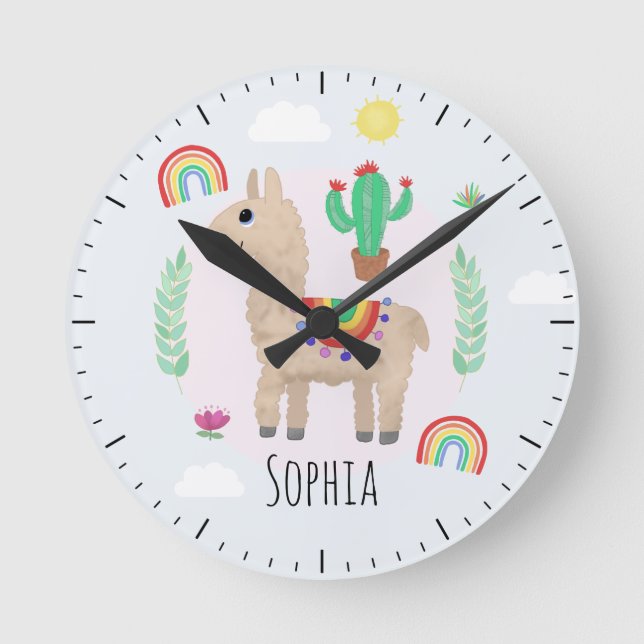 Girls Cute Pink Rainbow Llama Alpaca Kids Nursery Round Clock (Front)