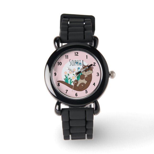Girls Cute Pink River Otter Flowers and Name Kids Watch (Front)