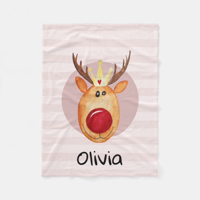 Girls Cute Pink Rudolph Reindeer Christmas Kids Fleece Blanket (Front)