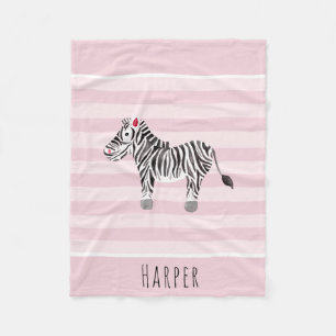 Girl's Cute Pink Safari Zebra and Name Fleece Blanket