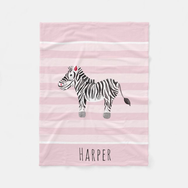 Girl's Cute Pink Safari Zebra and Name Fleece Blanket (Front)