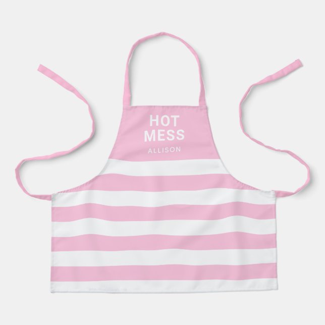 Girls Cute Pink Stripes Hot Mess Personalized Kids Apron (Front)