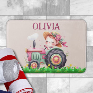 Girls' Cute Pink Tractor  Bath Mat