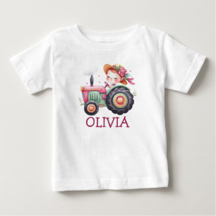 Girls Cute Pink Tractor Personalized Baby T-Shirt