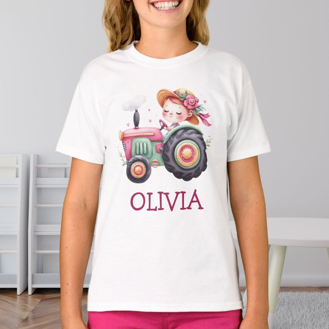 Girls Cute Pink Tractor Personalized T-Shirt (Creator Uploaded)