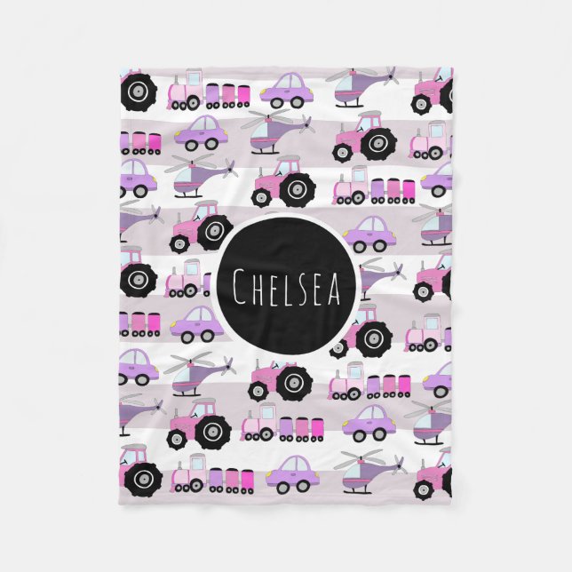 Girls Cute Pink Transport Car Pattern Name Kids Fleece Blanket (Front)