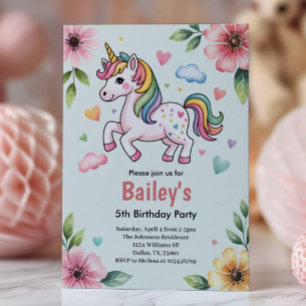Girls Cute Pink Unicorn Kids 5th Birthday Party Invitation