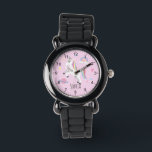 Girls Cute Pink Unicorn Rainbow & Name Kids Watch<br><div class="desc">This cute and modern kids watch features a unicorn cartoon, with a rainbow, heart, planet, stars and a crown, and can be personalized with your girls name. With clear, easily readable numbers, this 'first' watch is great for a child or toddler just starting out on learning the time. The perfect...</div>