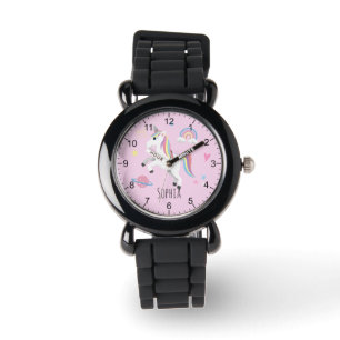 Girls Cute Pink Unicorn Rainbow & Name Kids Watch