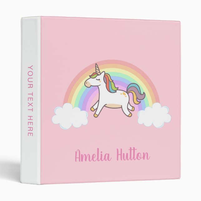 Girls Cute Pink Unicorn Rainbow Personalized Binder (Front/Spine)