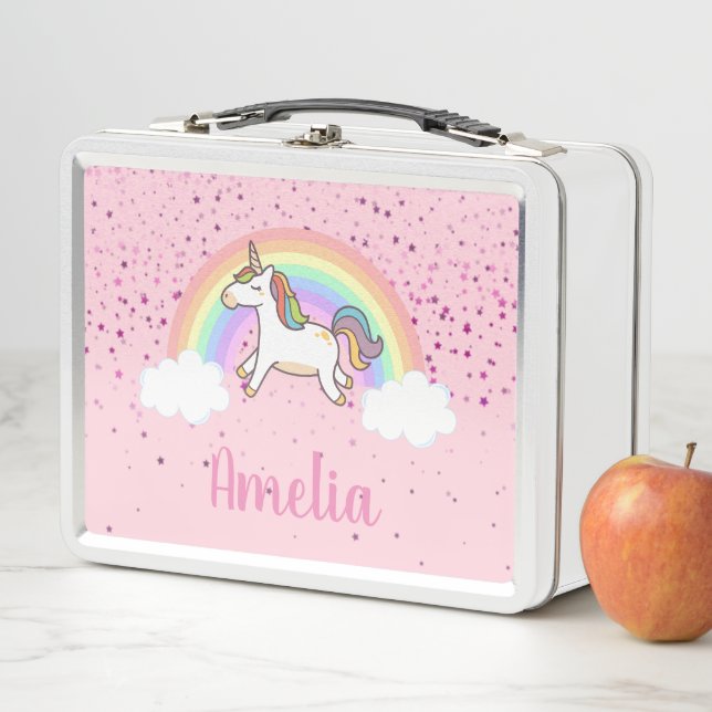 Girls Cute Pink Unicorn Rainbow Personalized Metal Lunch Box (In Situ)