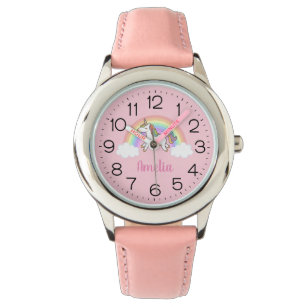 Girls Cute Pink Unicorn Rainbow Personalized Watch