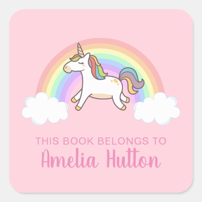 Girls Cute Pink Unicorn This Book Belongs Kids Square Sticker (Front)