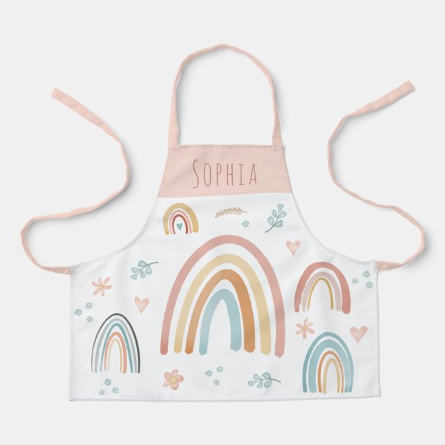 Girls Cute Pink Watercolor Boho Floral Rainbow Apron (Front)