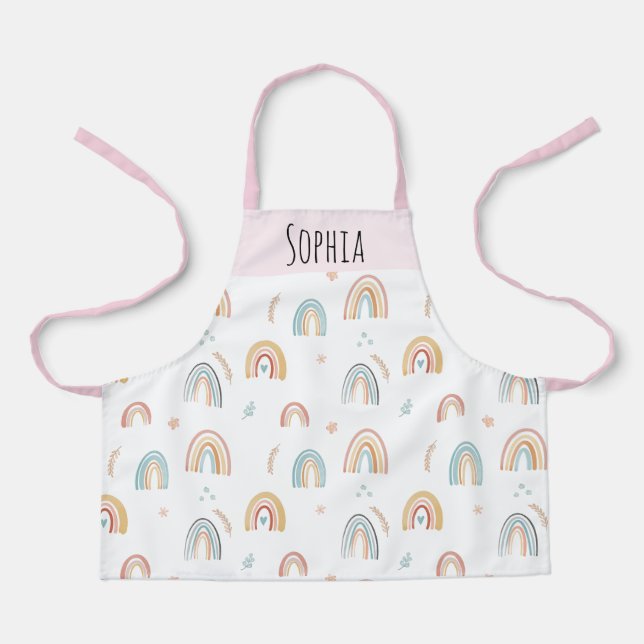 Girls Cute Pink Watercolor Boho Rainbow Pattern Apron (Front)