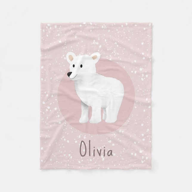 Girls Cute Pink Winter Polar Bear Holiday Kids Fleece Blanket (Front)