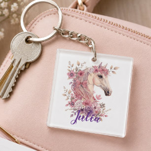 Girls Cute Pony Pastel Floral Personalized Name Keychain