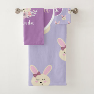Girls Cute Purple Bunny Rabbit Monogram Pattern Bath Towel Set
