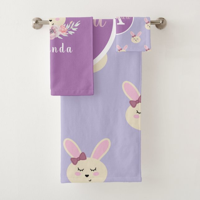 Girls Cute Purple Bunny Rabbit Monogram Pattern Bath Towel Set (Insitu)