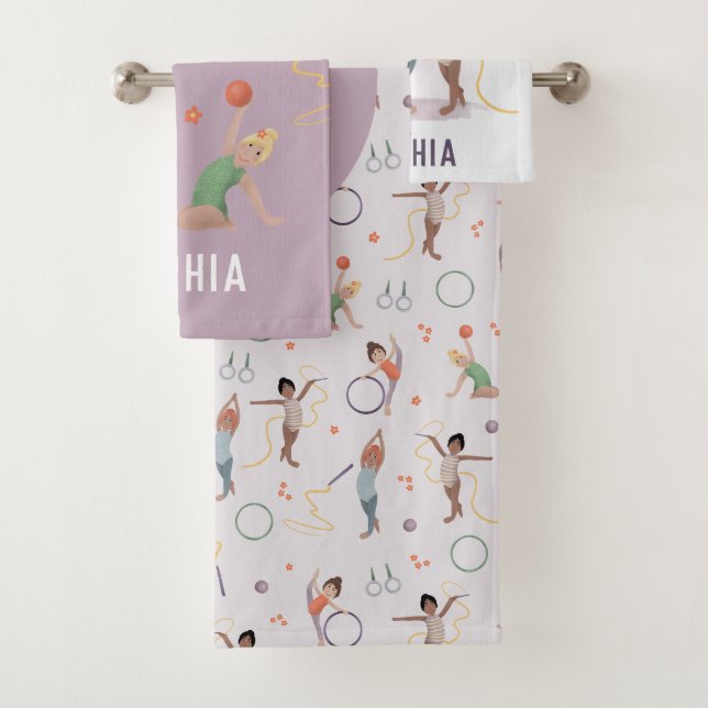 Girls Cute Purple Gymnastics Monogram Kids Bath Towel Set (Insitu)