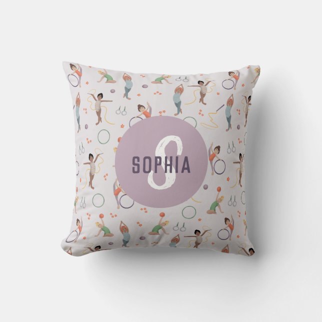 Girls Cute Purple Gymnastics Monogram Kids Throw Pillow (Front)