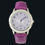 Girls Cute Purple Magical Unicorn and Name Kids Watch<br><div class="desc">This cute and whimsical girly kids watch design is a part of a collection featuring cute doodle for girl's apparel, accessories, and nursery decor. This design features a hand drawn doodle pastel unicorn on a purple background and can be personalized with your girl's name. Perfect for your little girl's first...</div>
