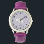Girls Cute Purple Magical Unicorn and Name Kids Watch<br><div class="desc">This cute and whimsical girly kids watch design is a part of a collection featuring cute doodle for girl's apparel, accessories, and nursery decor. This design features a hand drawn doodle pastel unicorn on a purple background and can be personalized with your girl's name. Perfect for your little girl's first...</div>