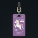 Girls Cute Purple Magical Unicorn & Name Kids Luggage Tag<br><div class="desc">This cute and modern kids luggage tag features a unicorn, planet, stars, a crown, a rainbow and heart, and can be personalized with your girls name and contact details. The perfect magical gift for your baby, toddler or child's first trip. Check out our purple unicorn collection for the matching passport...</div>