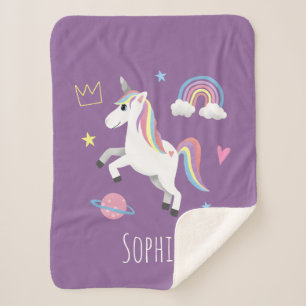 Girls Cute Purple Rainbow Unicorn & Name Kids Sherpa Blanket