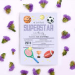 Girls Cute Purple Sports Superstar Baby Shower Invitation<br><div class="desc">This cute and modern “a little superstar is on the way” girls baby shower invitation design features a purple sports cartoon design, with a basketball, football, soccer ball, tennis racket, trophy, and stars. The invite can be personalized with the parent's names and other details necessary for your party. The perfect...</div>
