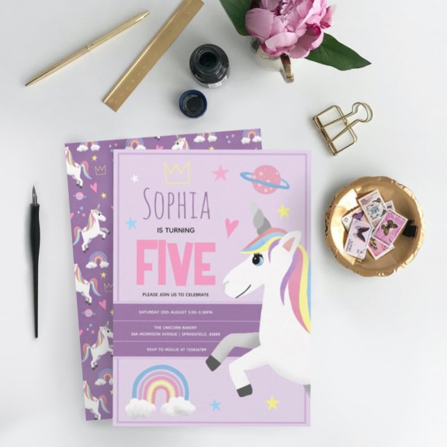 Girls Cute Purple Unicorn Kids 5th Birthday Invitation (Creator Uploaded)