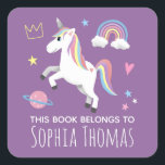 Girls Cute Purple Unicorn & Name Kids Bookplate Square Sticker<br><div class="desc">This adorable kids 'this book belongs to' bookplate sticker design features a cute unicorn cartoon,  a planet,  stars,  crown,  rainbow and hearts,  and can be personalized with your girls name. The perfect purple magical themed addition to your kids school supplies.</div>