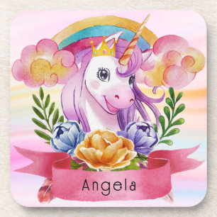 Girls Cute Purple Unicorn Rainbow Custom Name     Coaster