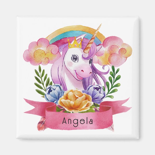 Girls Cute Purple Unicorn Rainbow Custom Name      Magnet (Front)