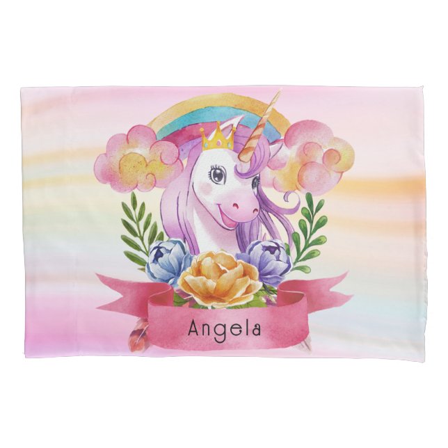 Girls Cute Purple Unicorn Rainbow Custom Name      Pillowcase (Front)