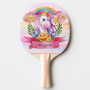 Girls Cute Purple Unicorn Rainbow Custom Name Ping Pong Paddle