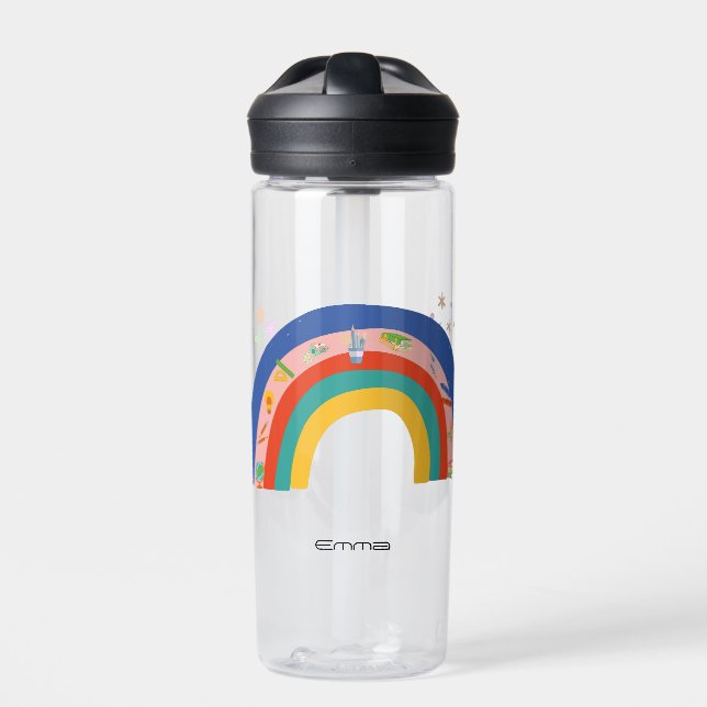 Girls Cute Rainbow book Back To School DIY Name  Water Bottle (Front)