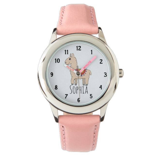 Girls Cute Rainbow Llama Cartoon and Name Kids Watch (Front)