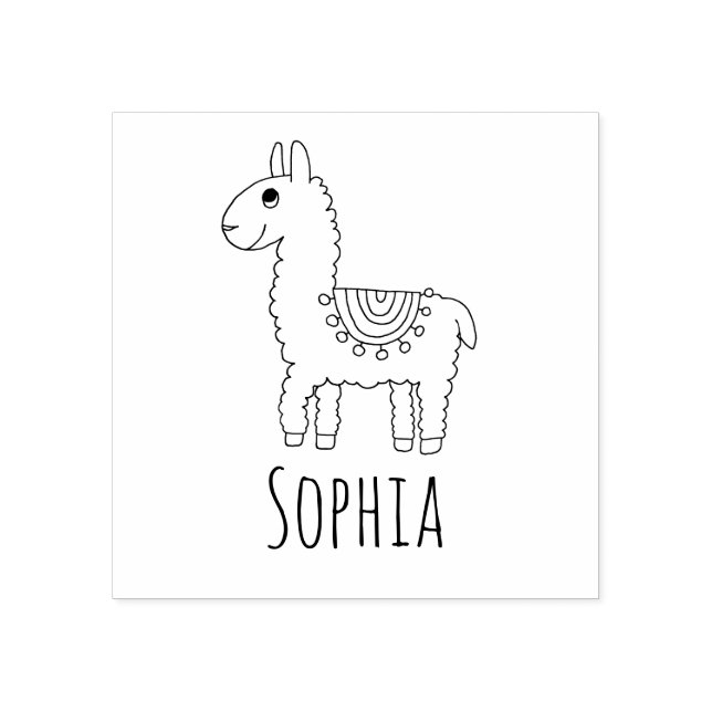 Girls Cute Rainbow Llama & Name School Bookplate Rubber Stamp (Imprint)