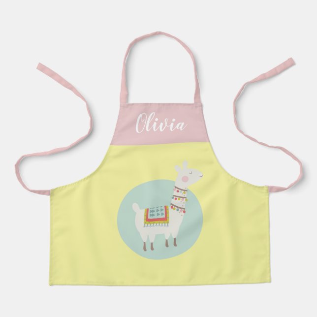 Girls Cute Rainbow Llama Personalized Name Kids Apron (Front)