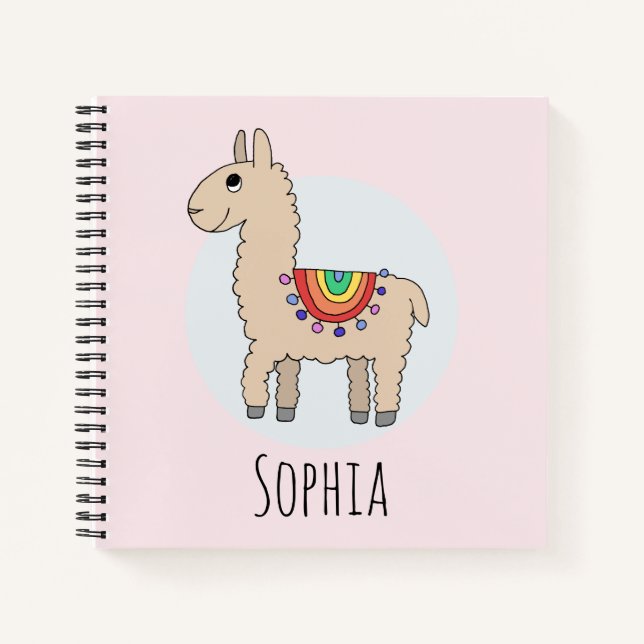 Girls Cute Rainbow Lllama and Name Kids Notebook (Front)